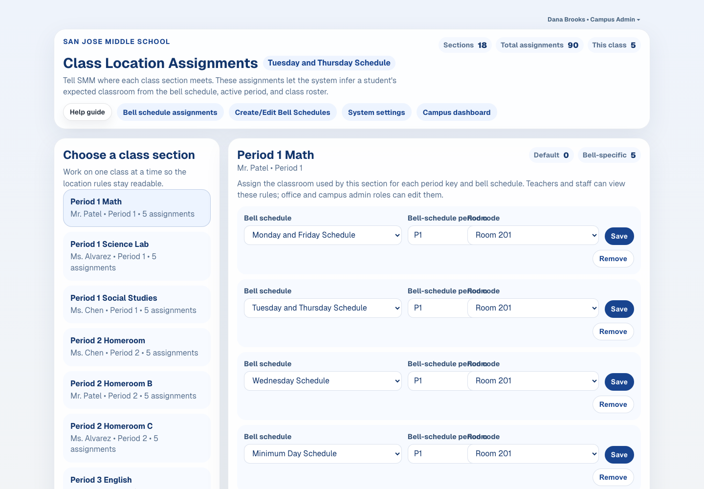 Class Location Assignments screenshot